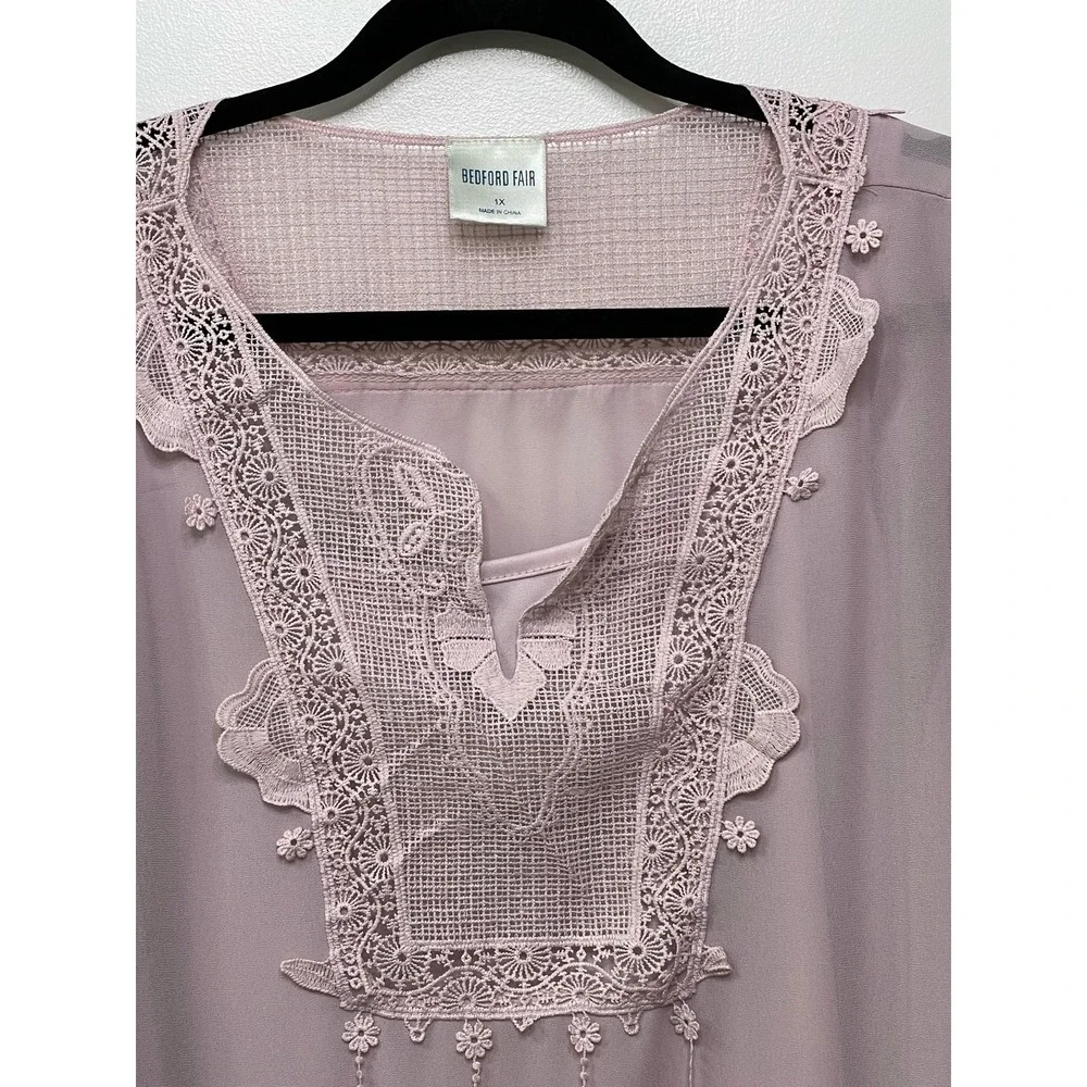 Bedford Fair Mauve Crochet Lace Ruffle Sleeve Blouse Camisole 1X Boho Rose 2 pc